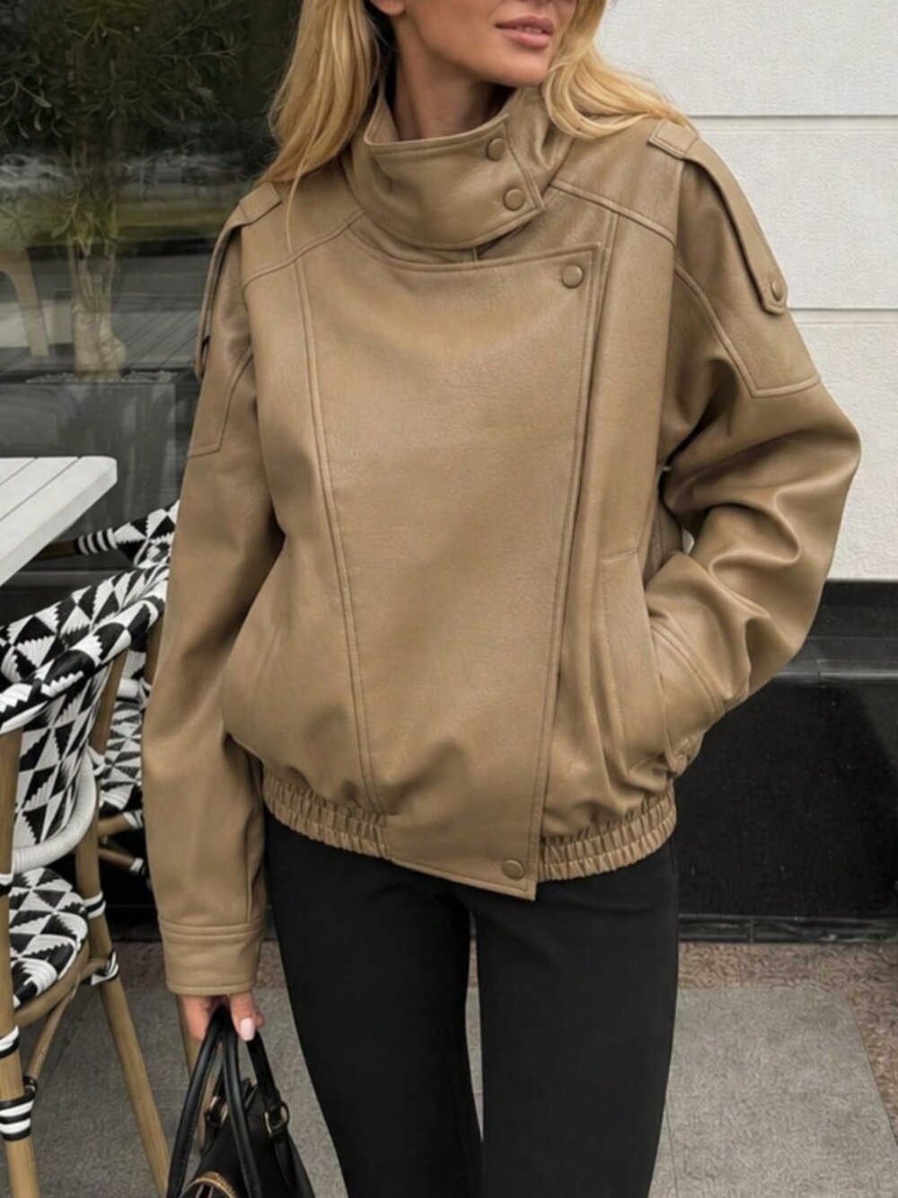 Khaki Casual Women's Oversized High Collar Faux Leather Jacket